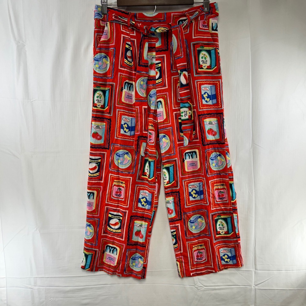 Haver & Blair Wide Leg Pants Women Small Red Novelty Pantry Print Linen Blend